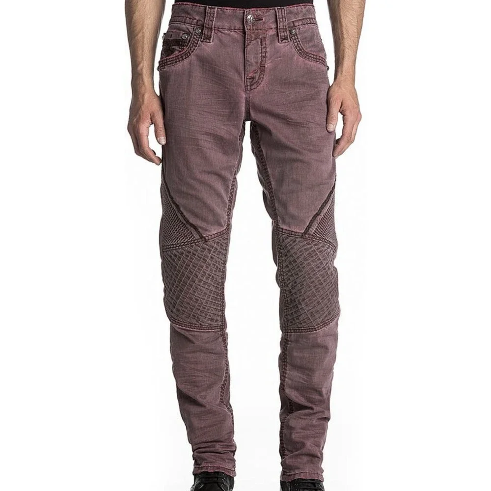 NEW Rock Revival Reid K6 Biker Jeans Men's 42 x 32 Burgundy Flex Stretch Pants